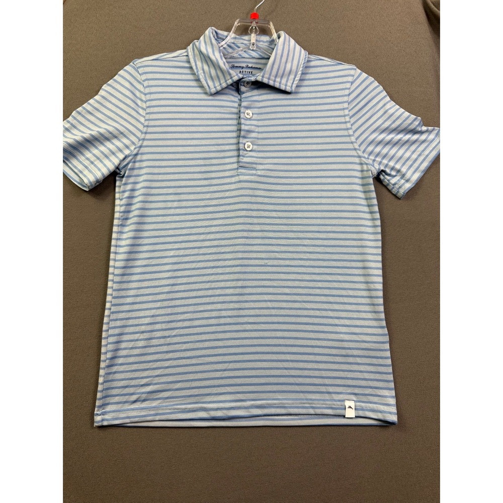 Tommy Bahama Active Kids Polo Shirt Blue White Striped Size M 7/8 Stretch Short